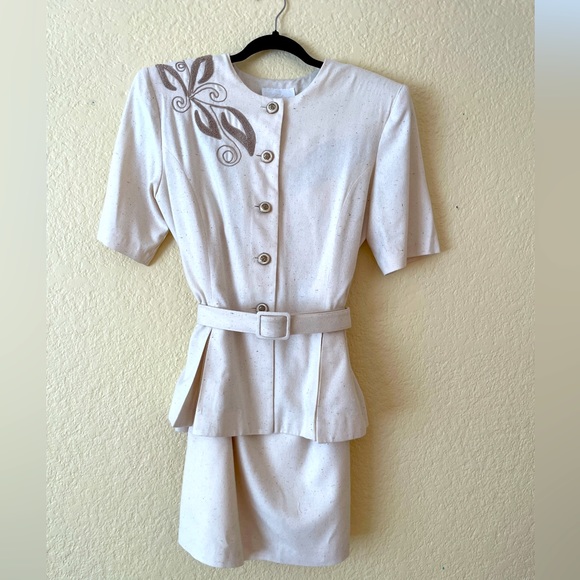 Vintage Edie Johne 1980s Silk Cream and Gold Embellished Blouse & Skirt Set - Picture 1 of 16